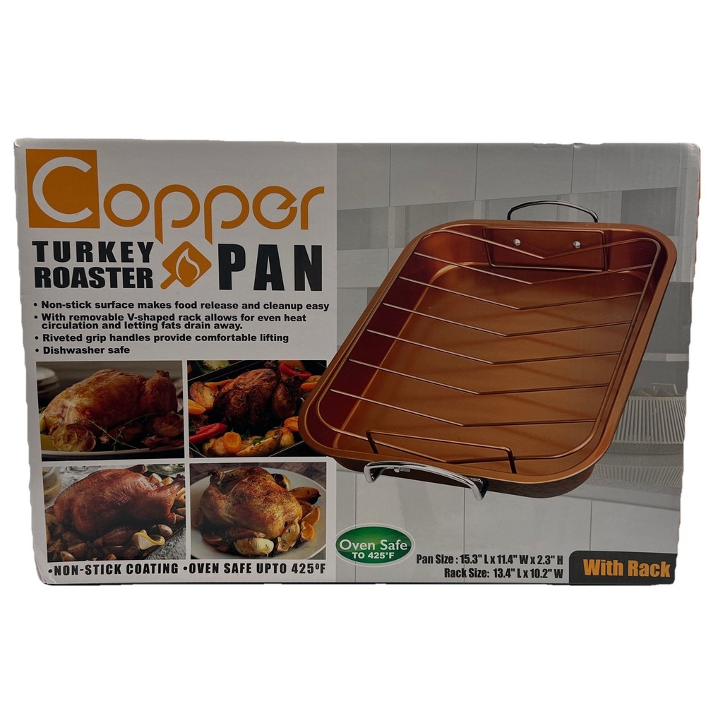Copper Turkey Roaster Pan with Rack Non Stick Coating and Oven Safe Up‎ To 425 F